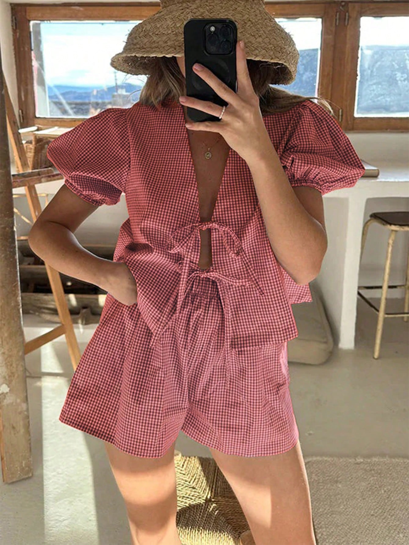 Summer Casual Vacation Refreshing Sweet Plaid Front Tie Puff Sleeve Top + Elastic Waist Shorts Set