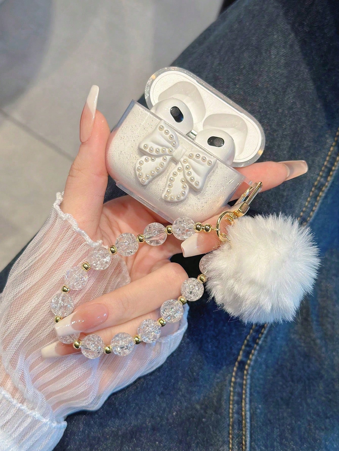 Pink Transparent Glitter Earphone Case With Rhinestone & Bowknot, Icy Flower Pom Pom Beaded Earphone Chain
