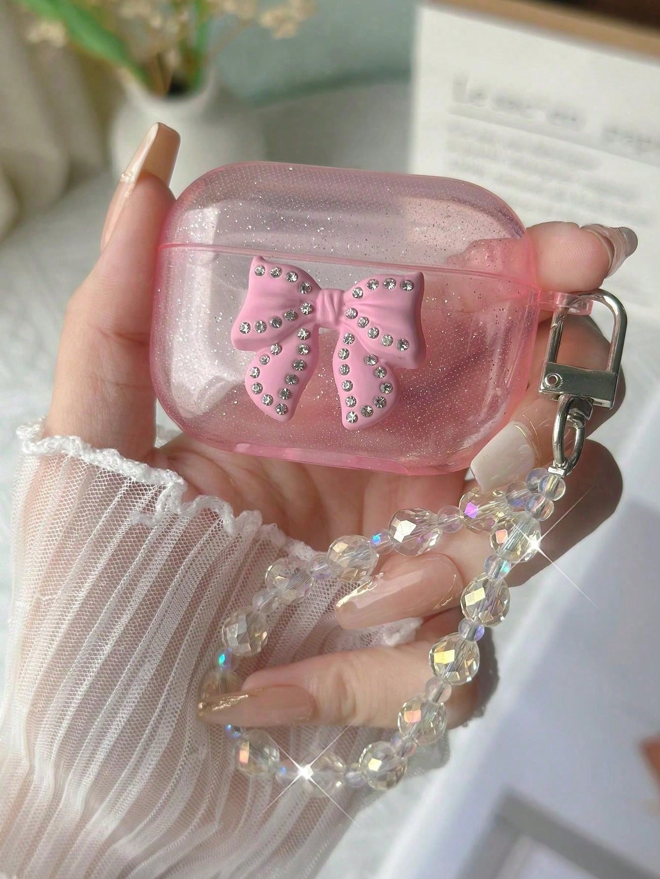 Pink Transparent Glitter Earphone Case With Rhinestone & Bowknot, Icy Flower Pom Pom Beaded Earphone Chain
