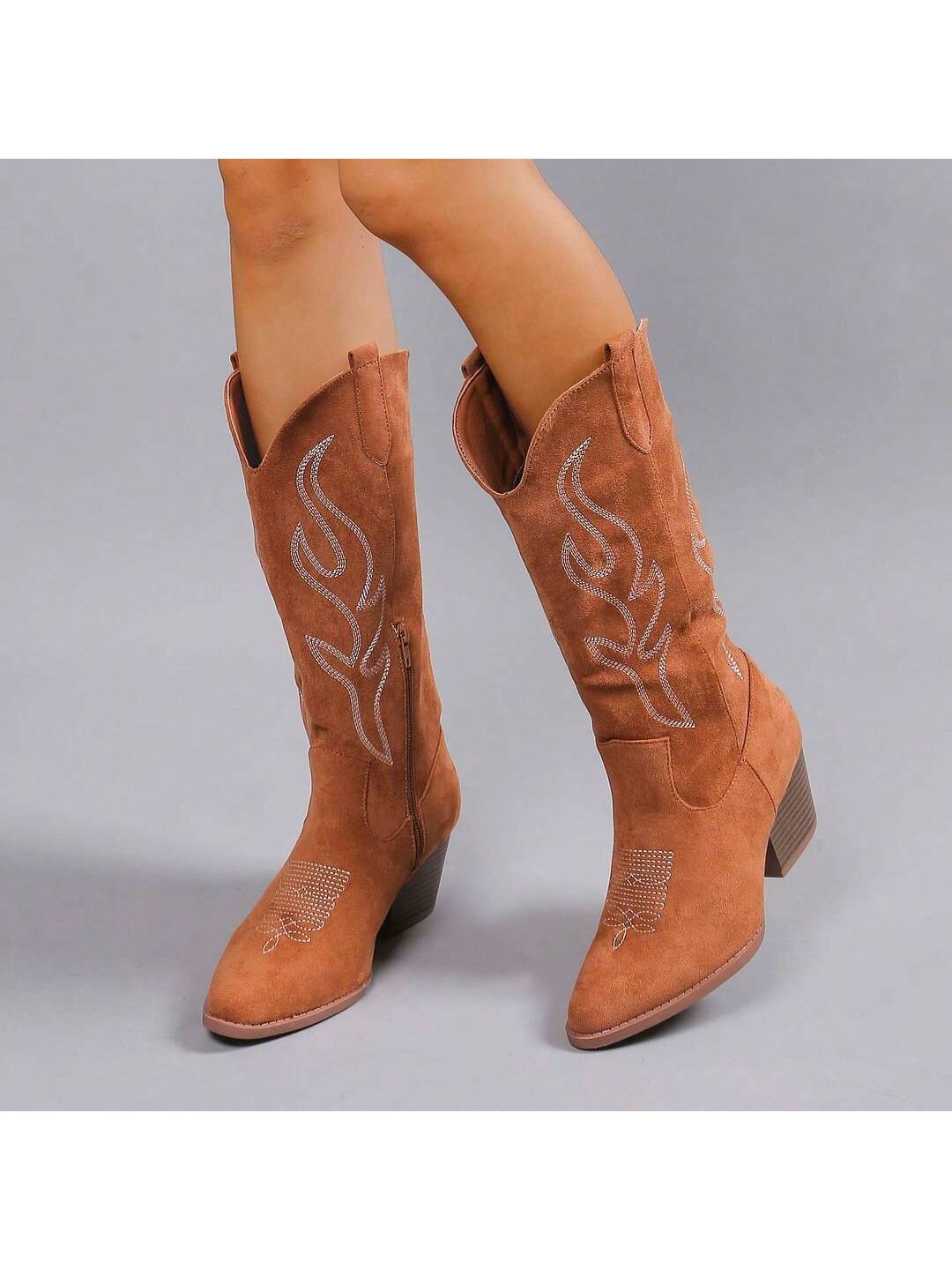 J.Adams Round Up Women's Western Cowboy Boots - Stylish And Comfortable Western Boots For Women - Classic Cowgirl Design With Embroidered Details - Mid-Calf Boots With Chunky Block Heel - Perfect For Country Outfits, Festivals, And Casual Wear - Brown Sue