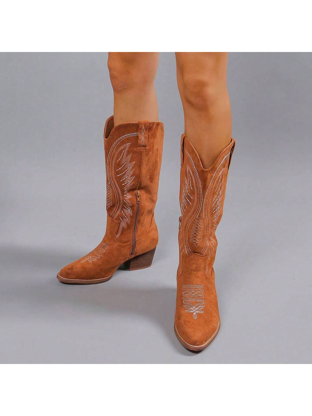 J.Adams Round Up Women's Western Cowboy Boots - Stylish And Comfortable Western Boots For Women - Classic Cowgirl Design With Embroidered Details - Mid-Calf Boots With Chunky Block Heel - Perfect For Country Outfits, Festivals, And Casual Wear - Brown Sue