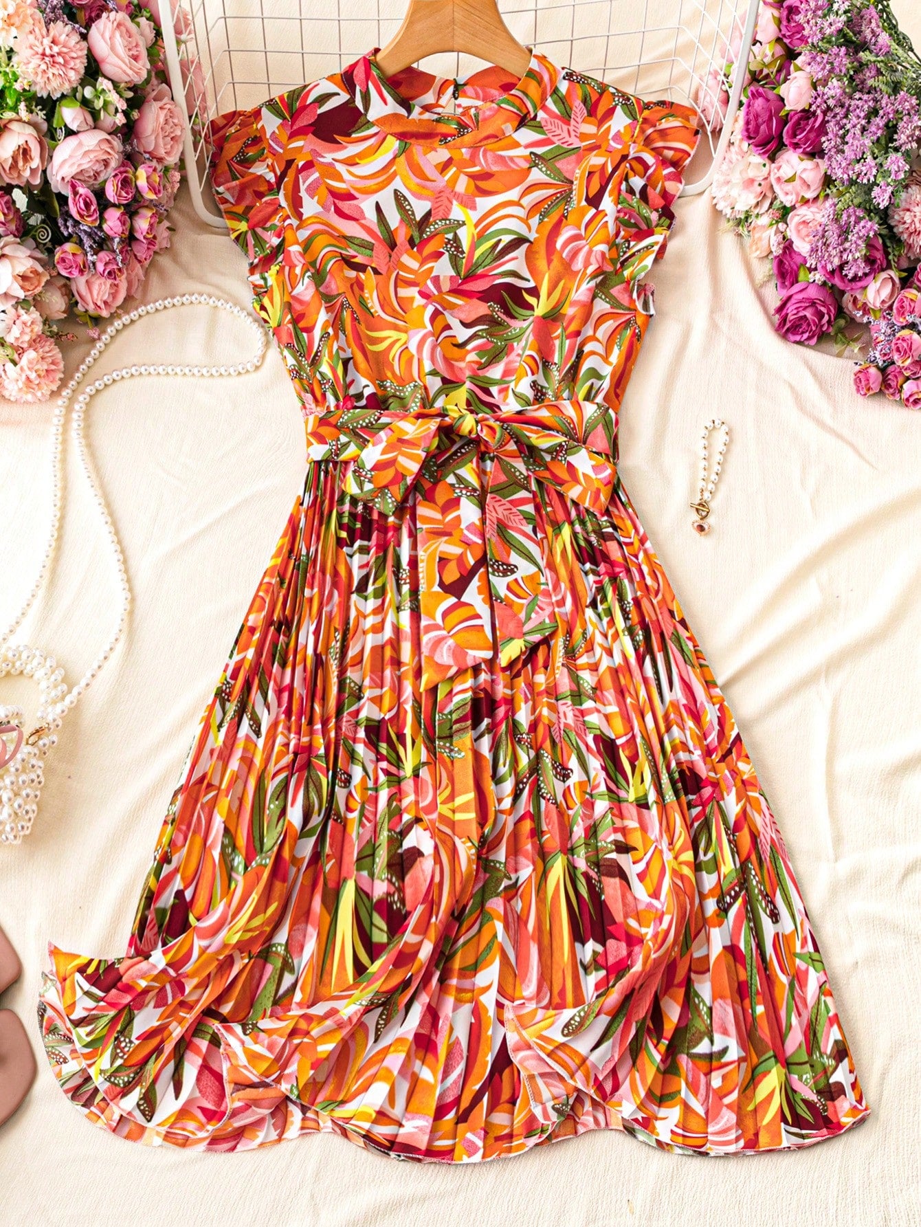 Floral Printed Mini Stand Collar Pleated A-Line Vacation Dress With Cinched Waist