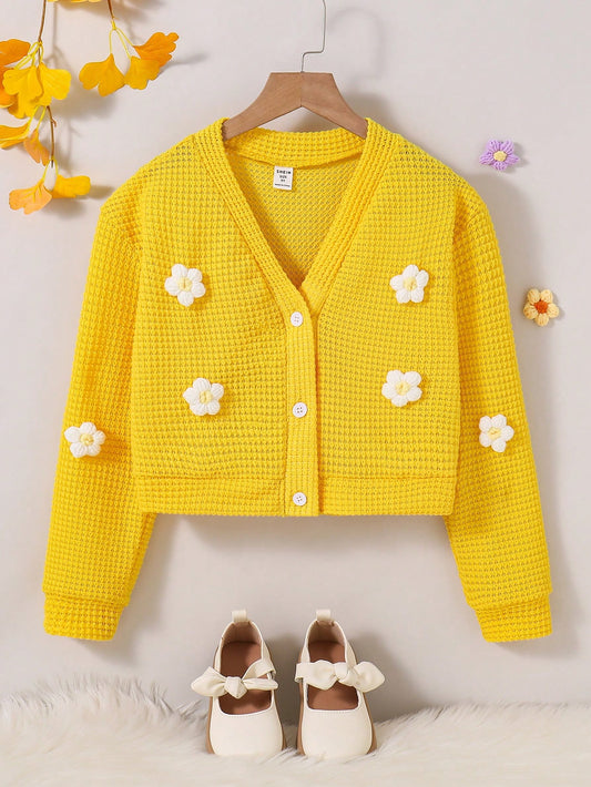 Tween Girl Knitted Cardigan Jacket With Flower Pattern, Casual Wear For Autumn