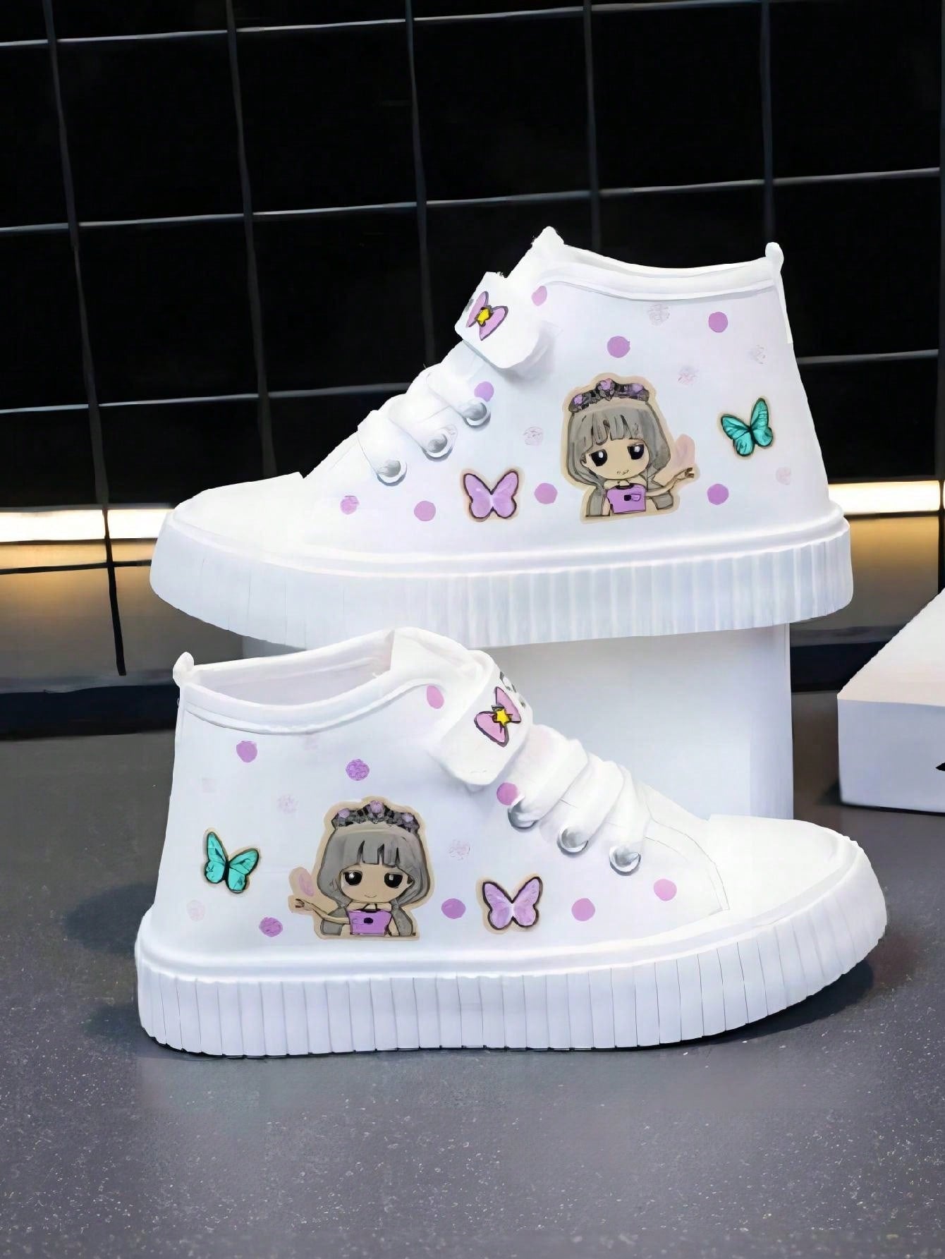 1pair Girls' Cartoon Cute Fashionable Princess Casual Canvas Shoes, Mid-Cut Comfortable Flat Sneakers