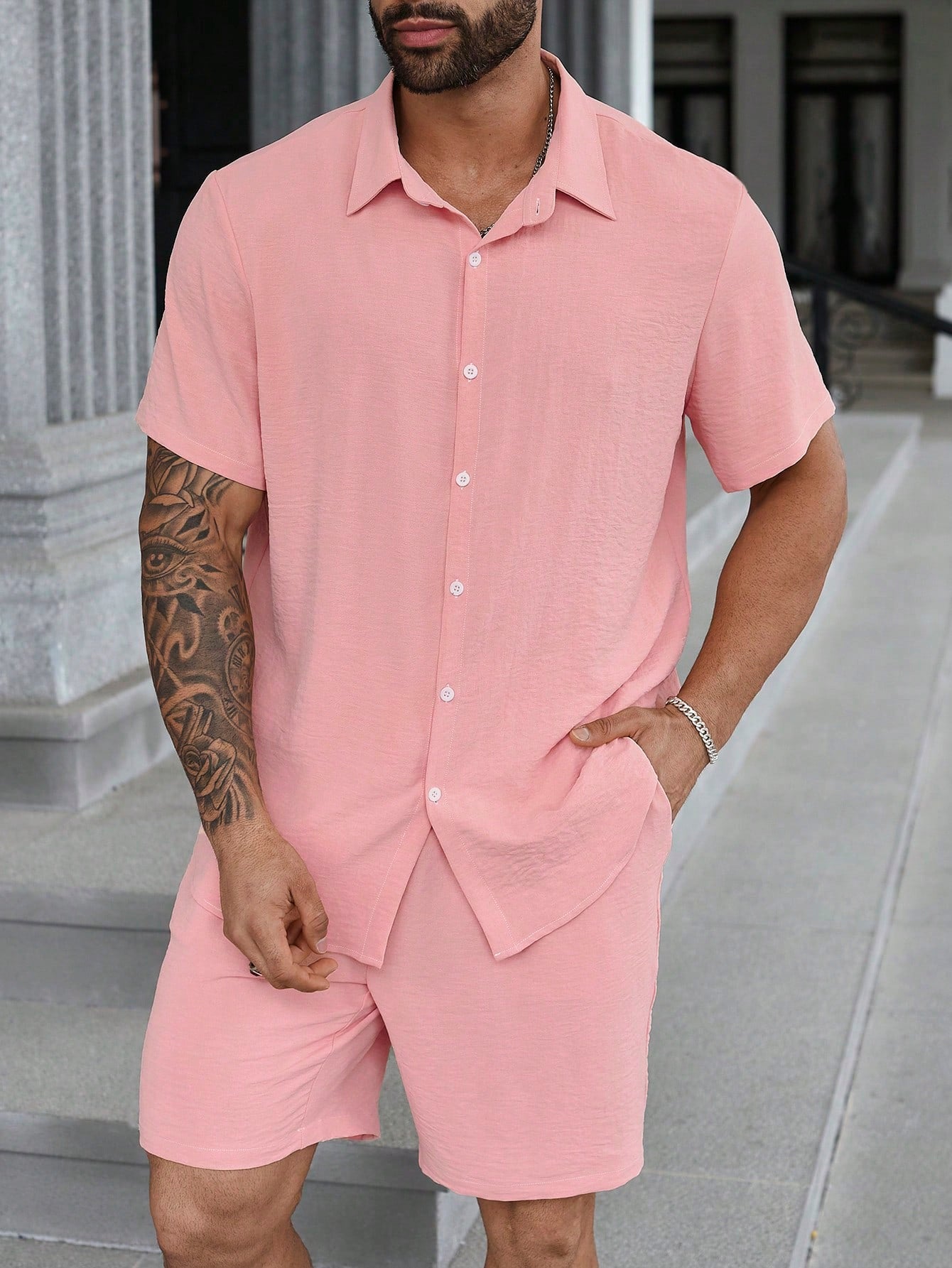 Men's Plus Size Summer Solid Color Short Sleeve Shirt And Shorts Casual Loose 2pcs Set