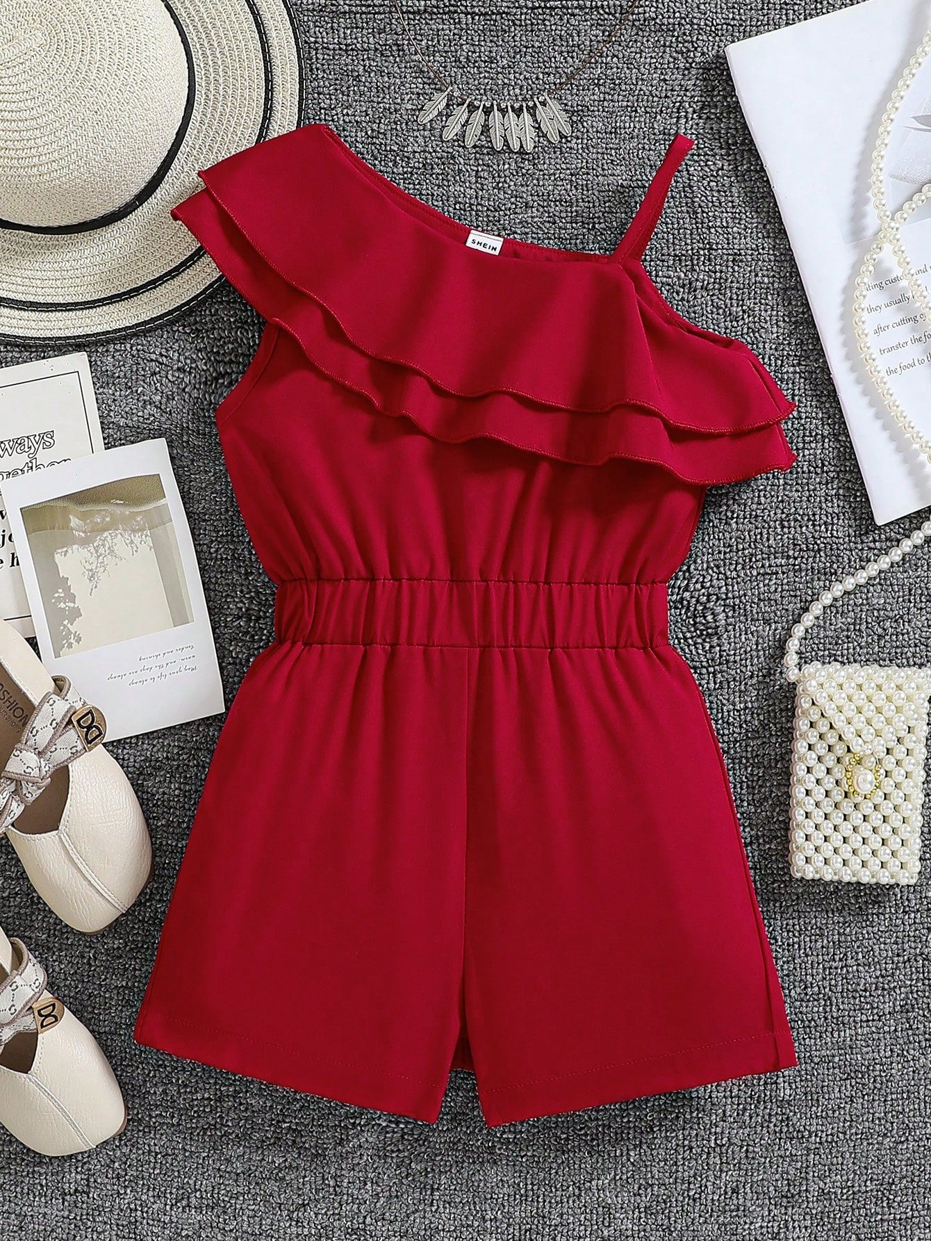 Young Girl Ruffle Trim Asymmetrical Neck Romper