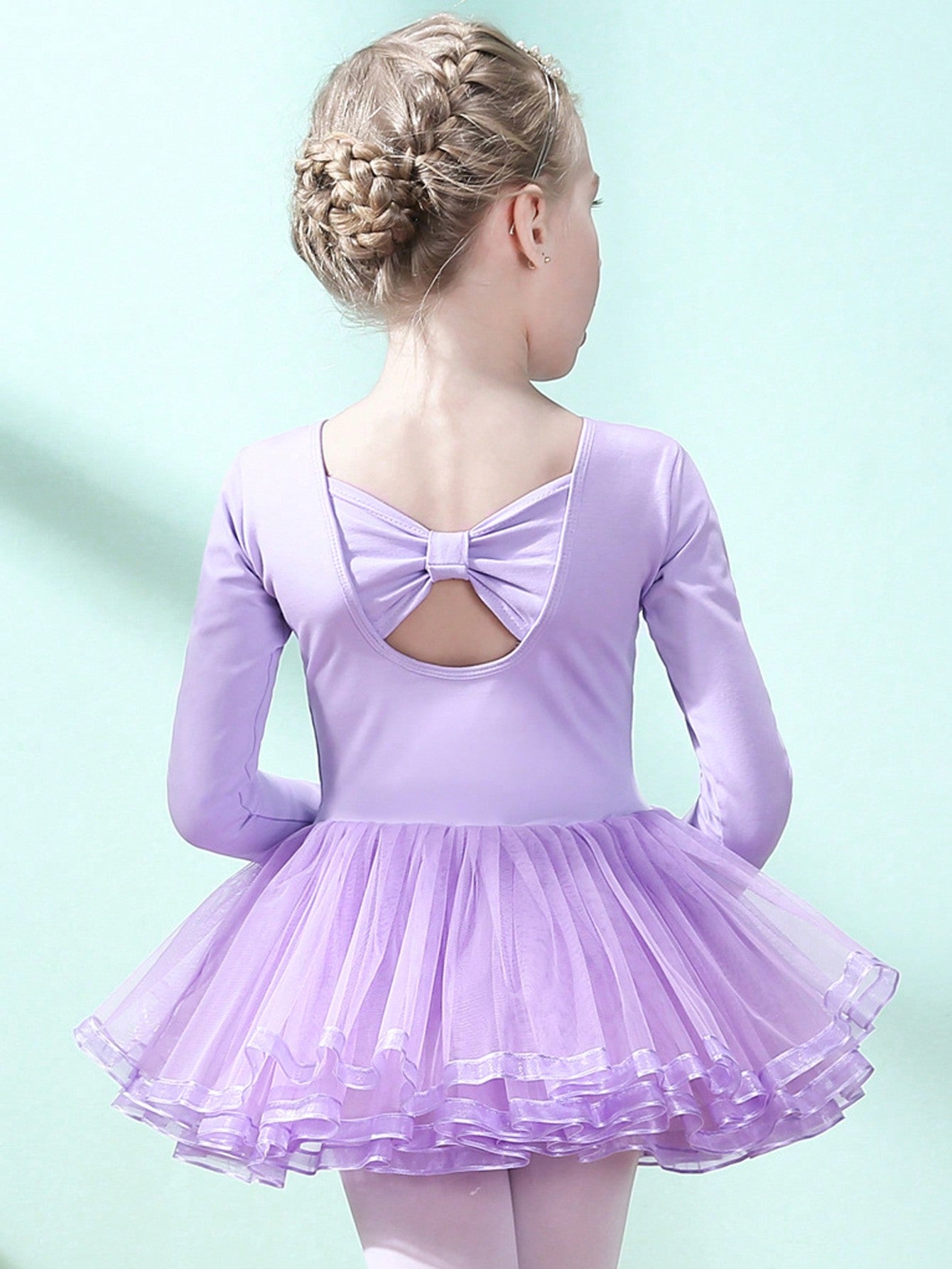 Tween Girl Pink Long-Sleeve Puff Tulle Ballet Dress With Hollow Out Butterfly Knot On Back For Dance And Sports