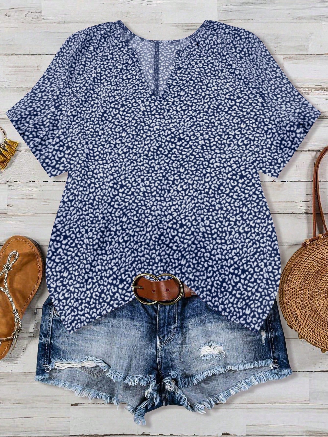 Women's Floral Printed V-Neck Short Sleeve Shirt, Summer