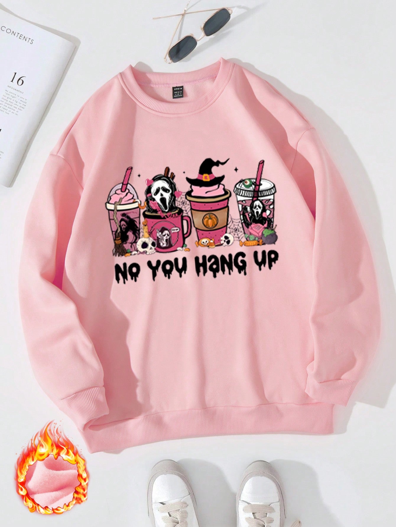 1pc Halloween Women's Casual Ghost Scream Coffee Letter Print Fleece Round Neck Sweatshirt, For Halloween Party, Fall/Winter