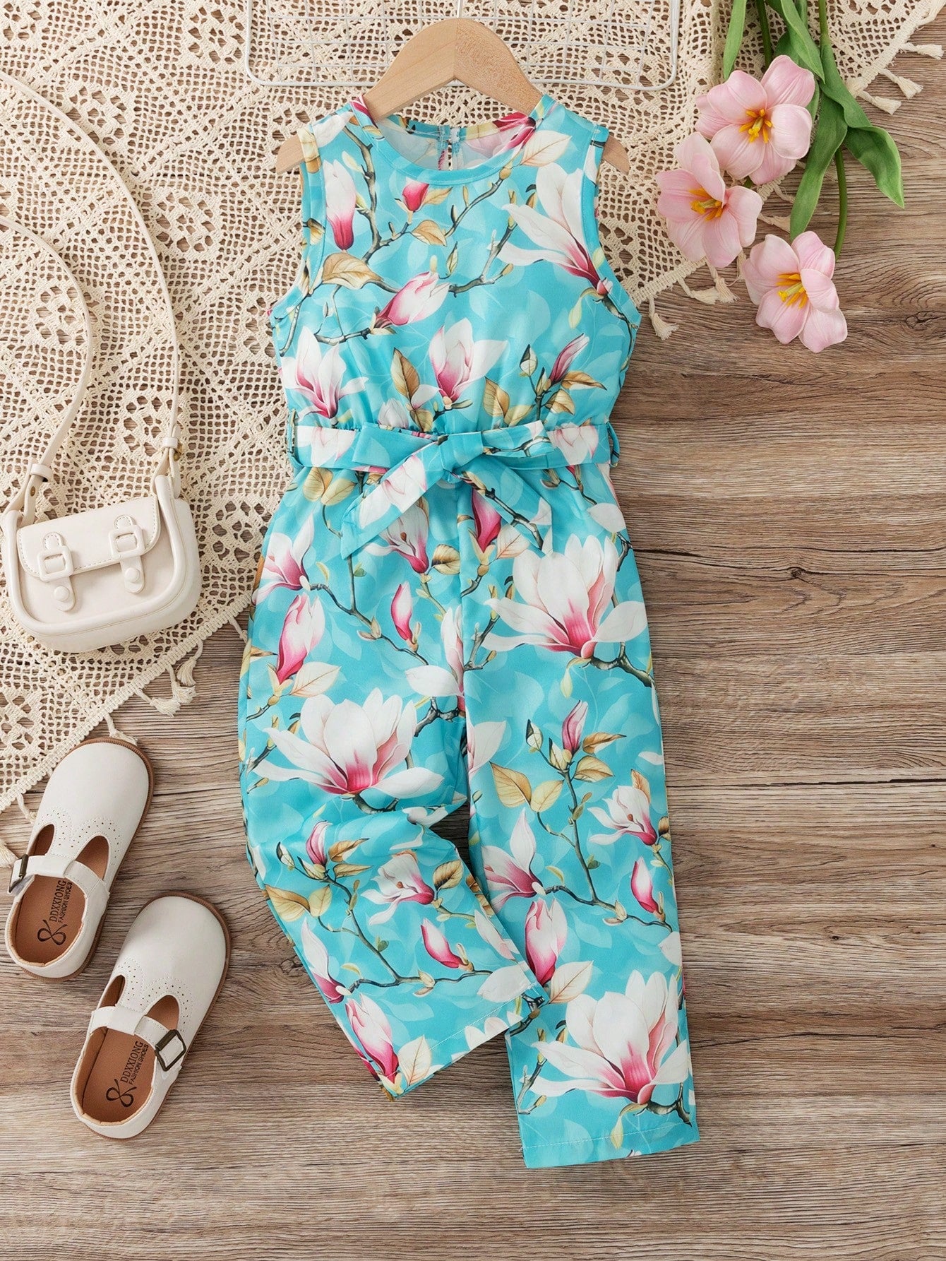 Young Girl Tropical Print Belted Tank Jumpsuit