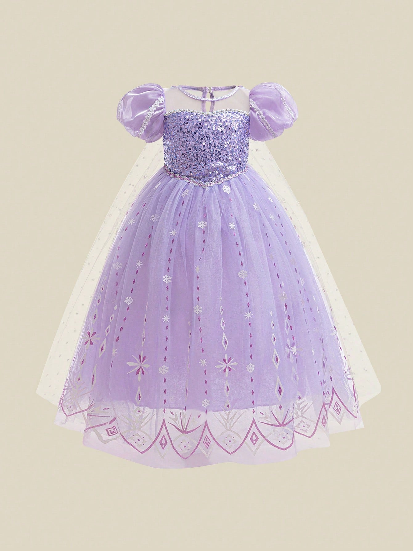 Young Girl Glitter Snowflake Mesh Cape Princess Dress, Perfect For Parties, Banquets And Birthdays, Stage Performance