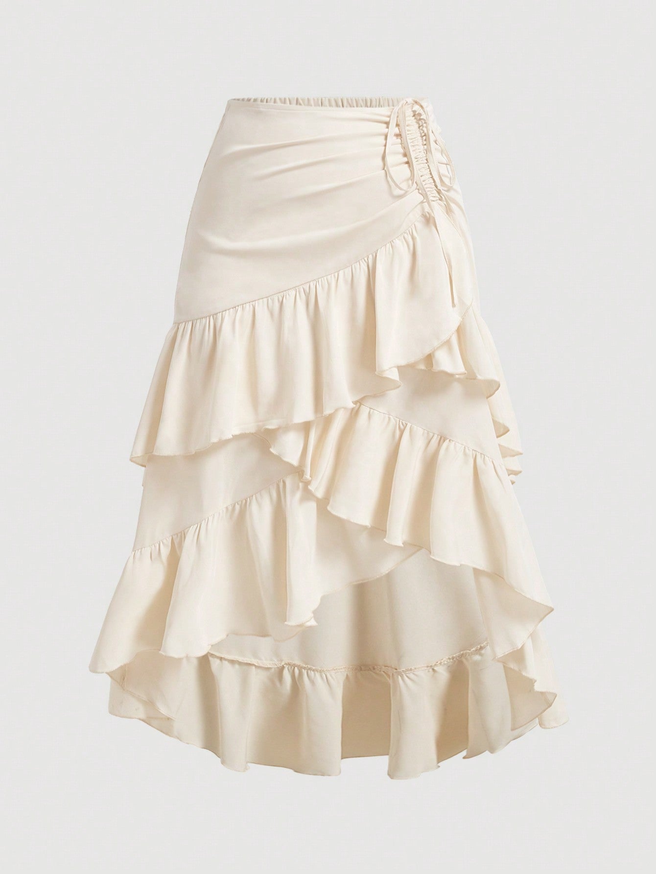 Plus Size Creamy Apricot Asymmetrical Ruffle Hem Drawstring Pleated Layered Party Skirt