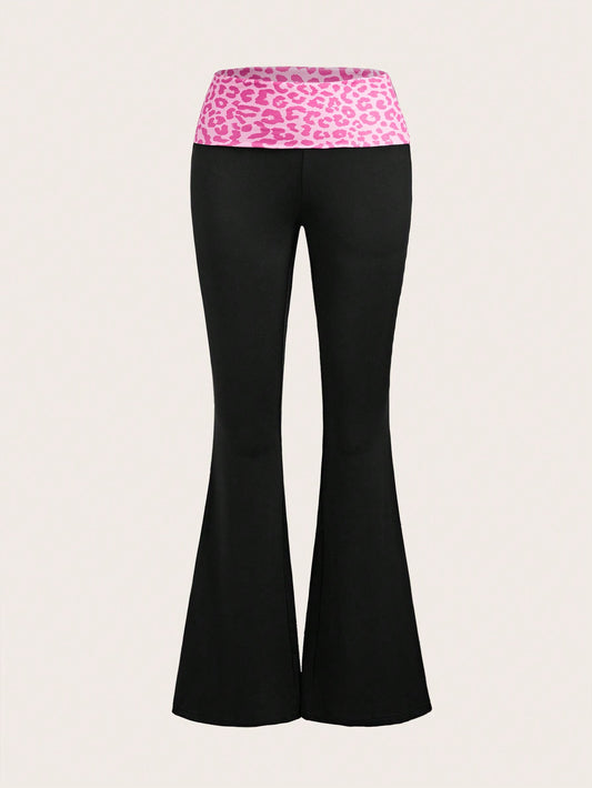 Y2k Pink Leopard Print Spliced Fold-Over Waist Flare Pants With Super Low Rise