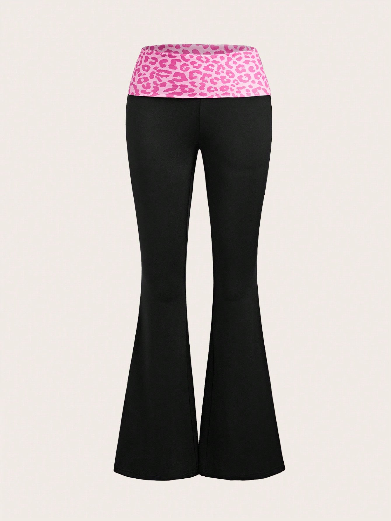 Y2k Pink Leopard Print Spliced Fold-Over Waist Flare Pants With Super Low Rise