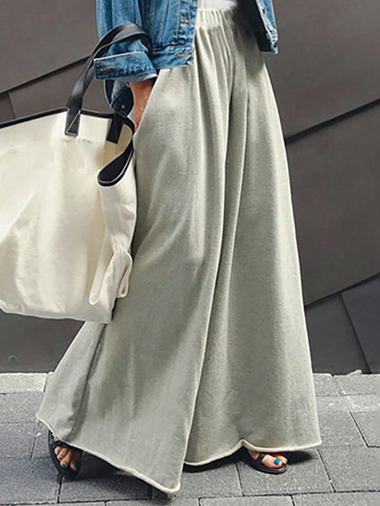 Casual Solid Drawstring Waist Wide Leg Pants