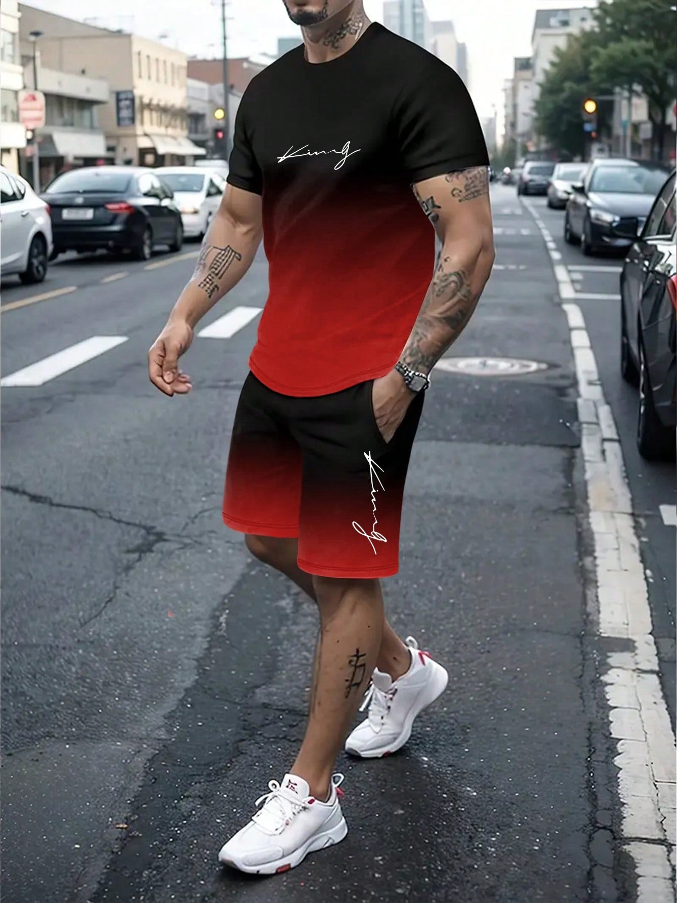 Men's Summer Gradient Color Letter Print Round Neck Short Sleeve Casual T-Shirt And Shorts Set