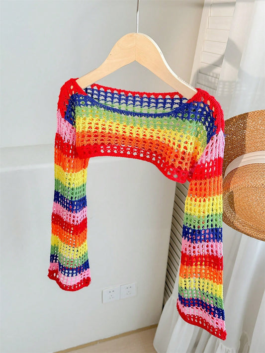 Tween Girl Loose Rainbow Striped Cropped Long Sleeve Pullover Sweater, Summer