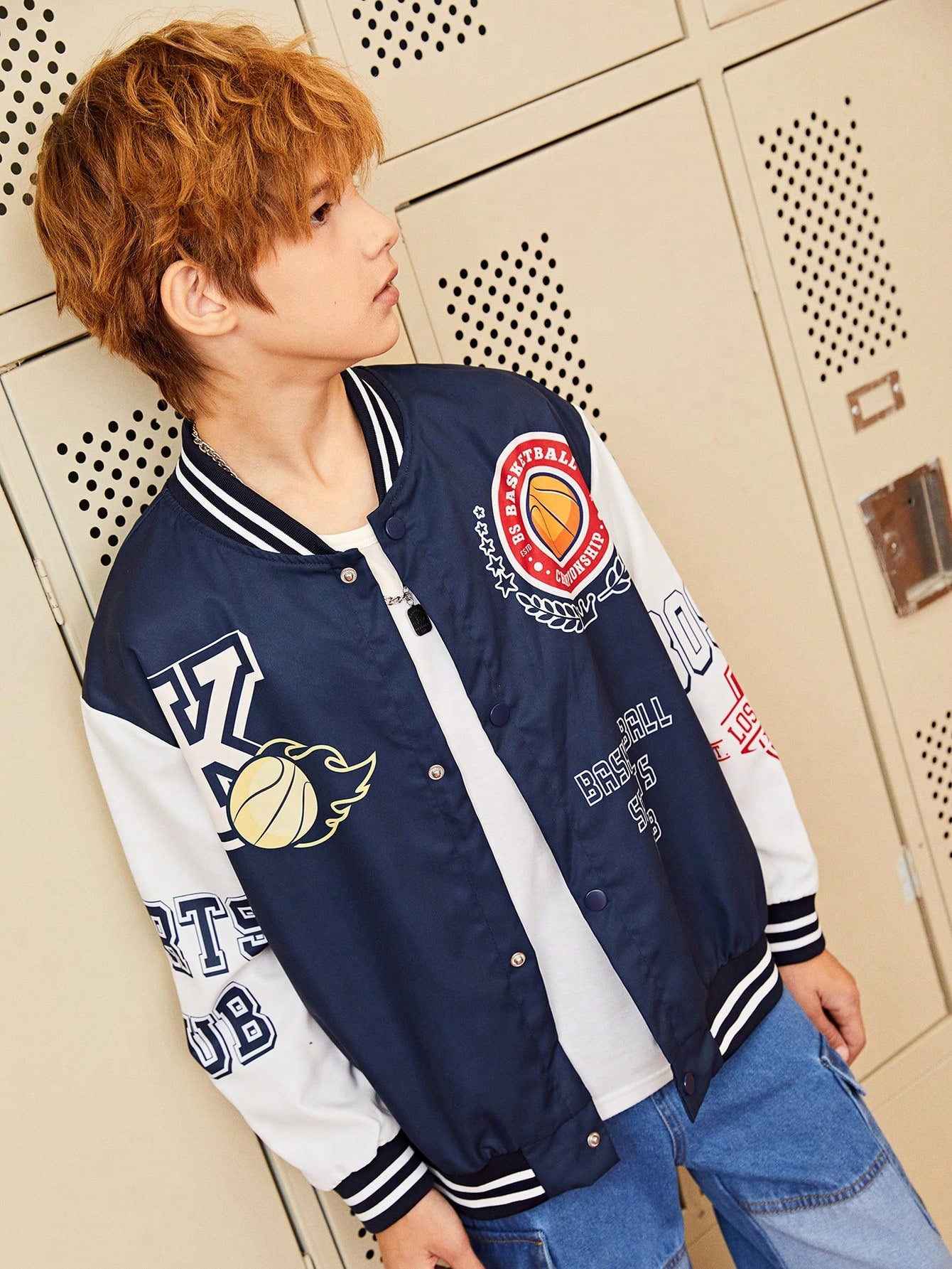 Tween Boy Spring And Autumn Casual American College Style Color Block Basketball & Letter Printed Baseball Collar Jacket