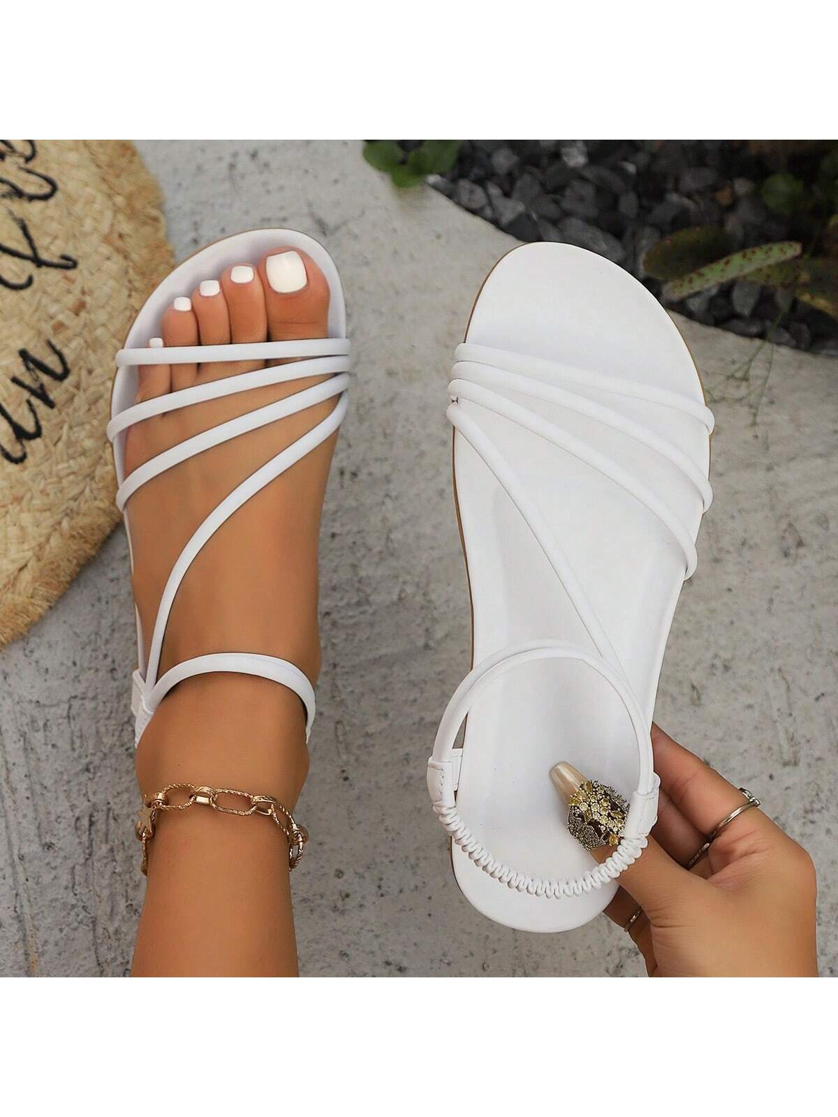 Women's New Elegant & Comfortable White Strappy Flat Sandals, Plus Size, For Summer Vacation