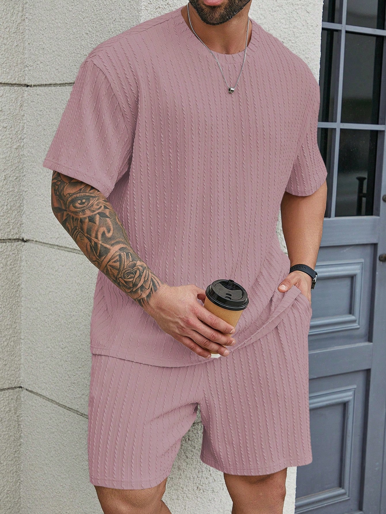 Men's Plus Size Summer Plain Textured Round Neck Short Sleeve Casual T-Shirt And Shorts Set