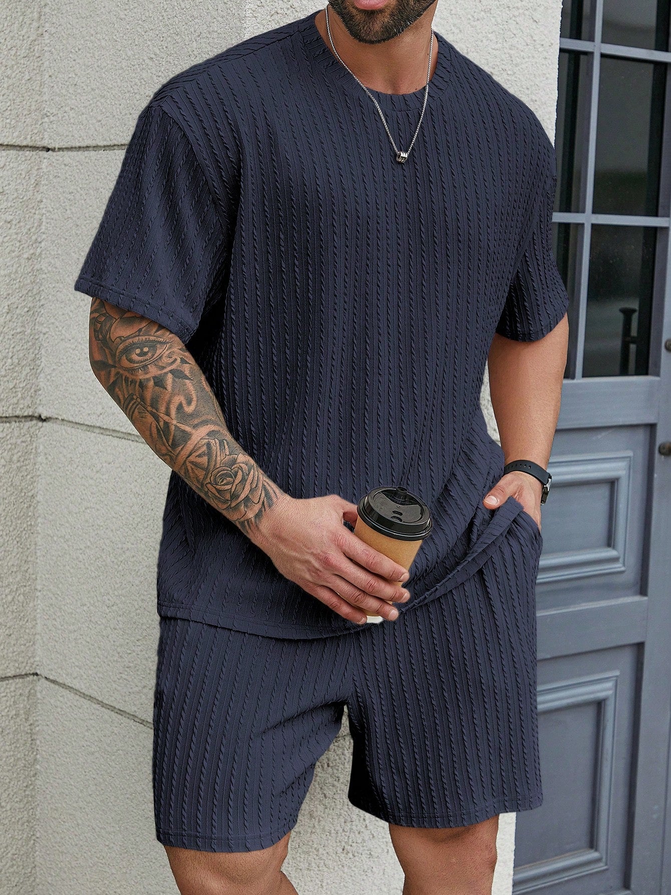 Men's Plus Size Summer Plain Textured Round Neck Short Sleeve Casual T-Shirt And Shorts Set