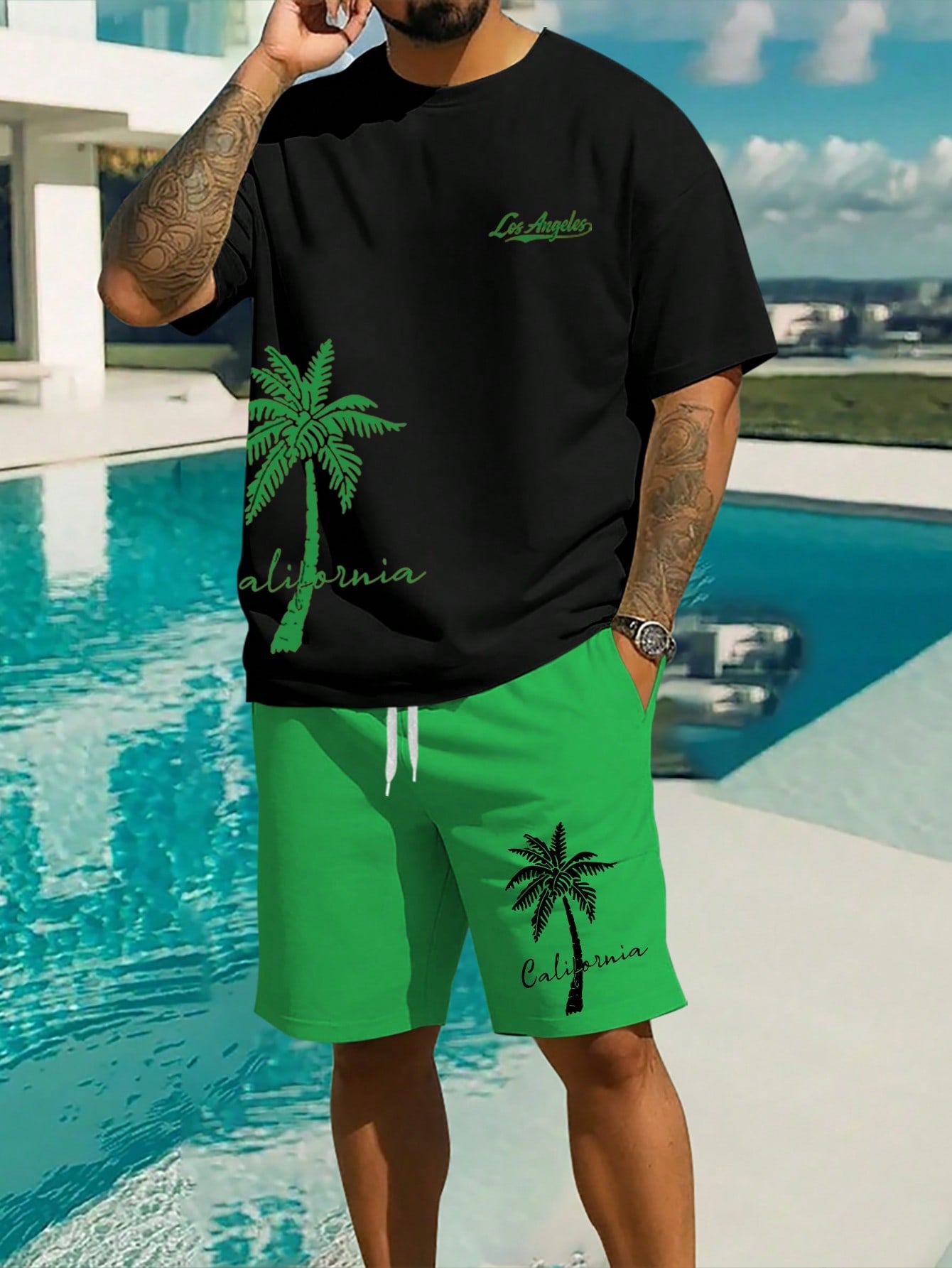 Men's Plus Size Palm Tree Print Round Neck Short Sleeve Casual T-Shirt And Drawstring Waist Shorts, Summer Outfits