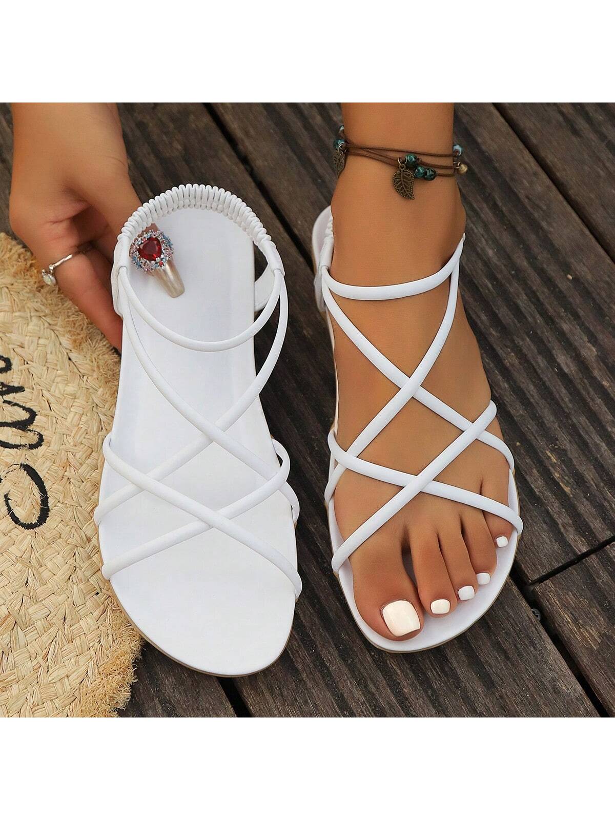 Women's New Elegant & Comfortable White Strappy Flat Sandals, Plus Size, For Summer Vacation