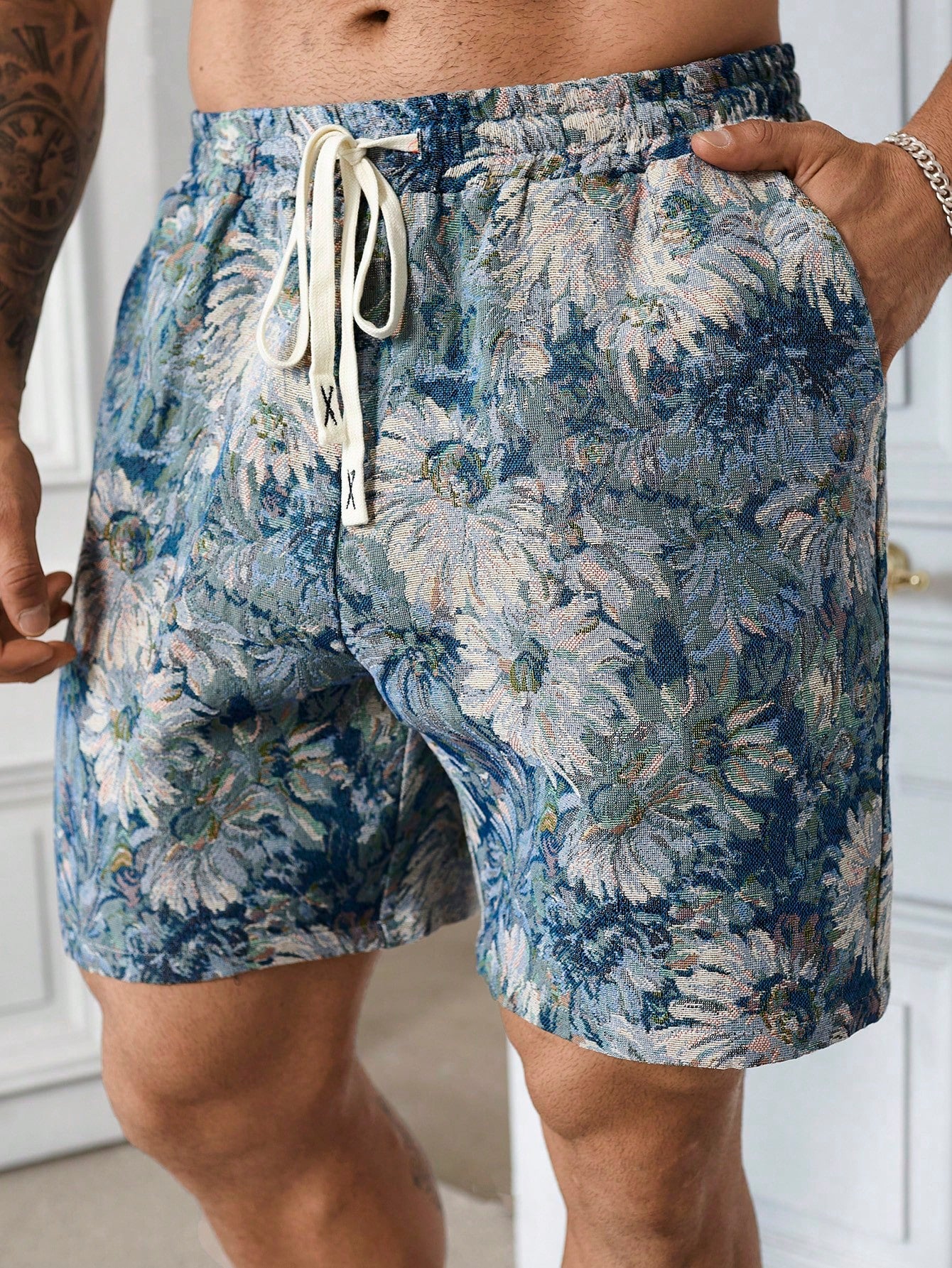 Men's Plus Size Drawstring Floral Printed Casual Shorts With Pockets