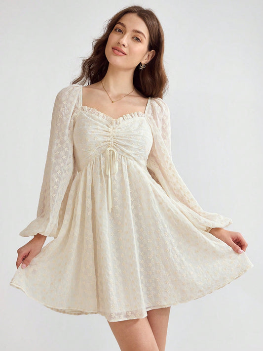 Enchnt Fall Holiday Romantic White Drawstring Front Lantern Sleeve Schiffy Short Embroidery Dress