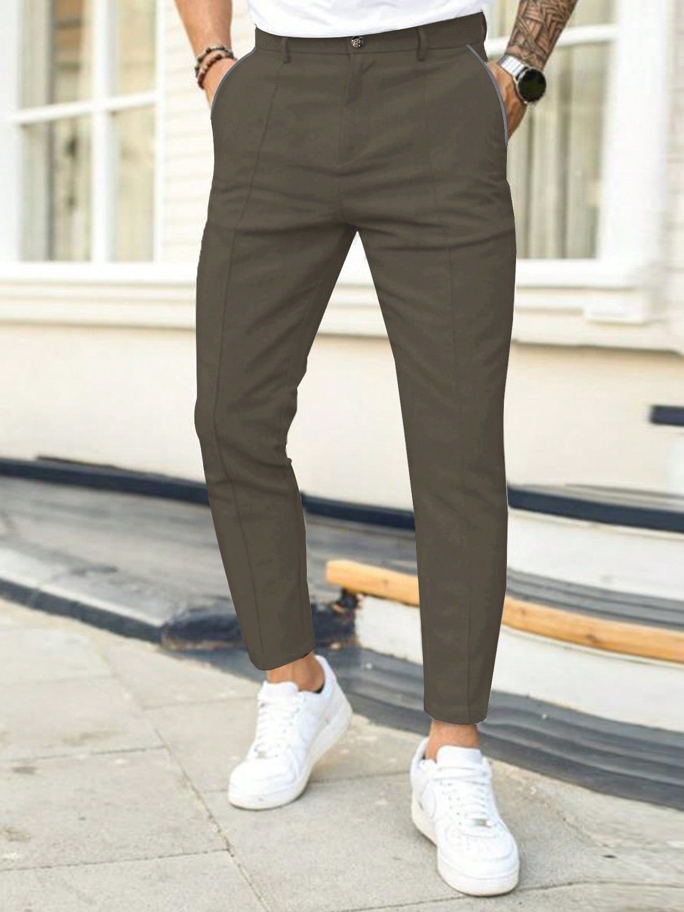 Men Casual Solid Slant Pocket Suit Pants