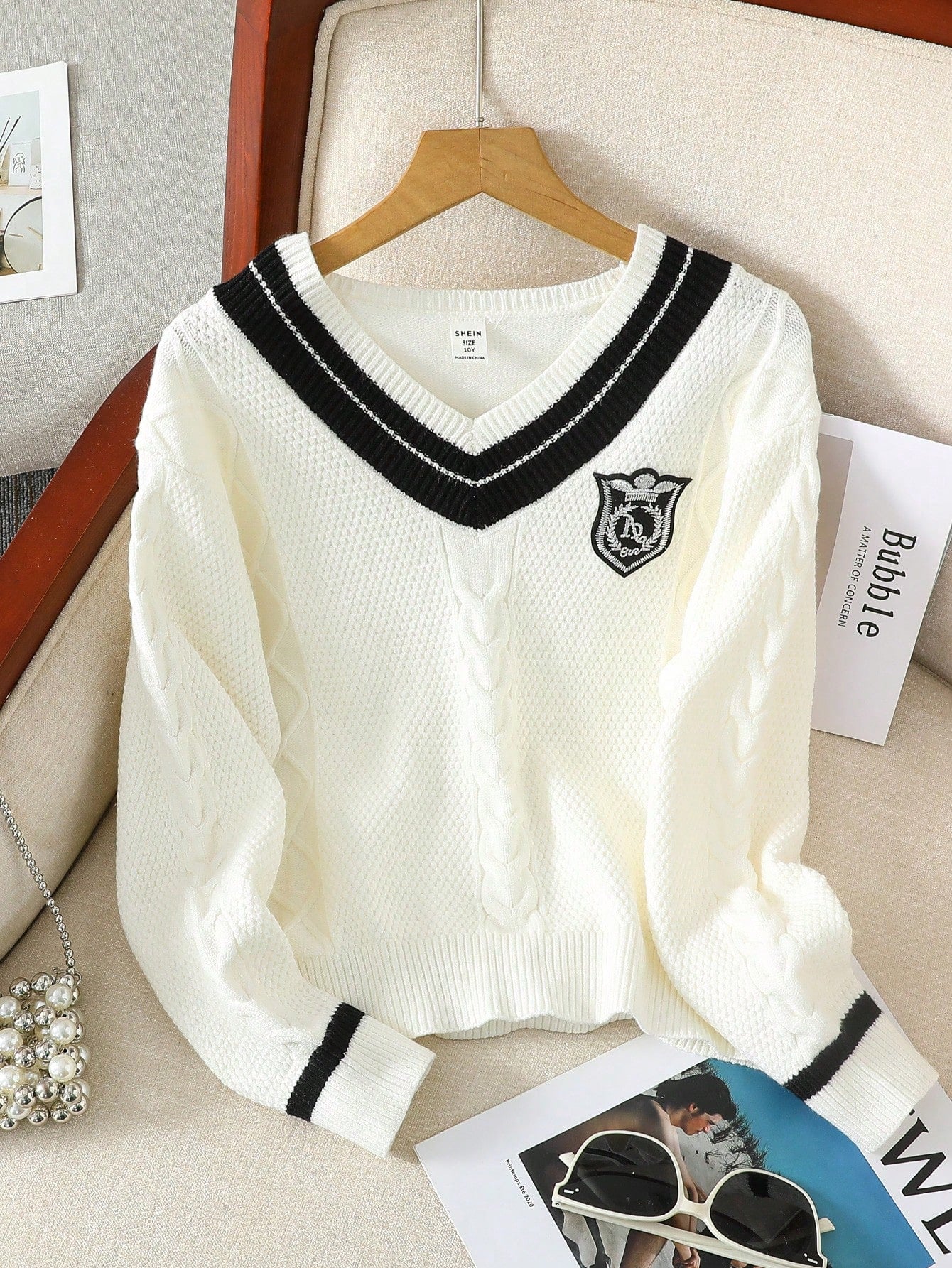 Tween Girl Spring And Autumn Casual College Style Colorblock Badge Embroidery Sweater