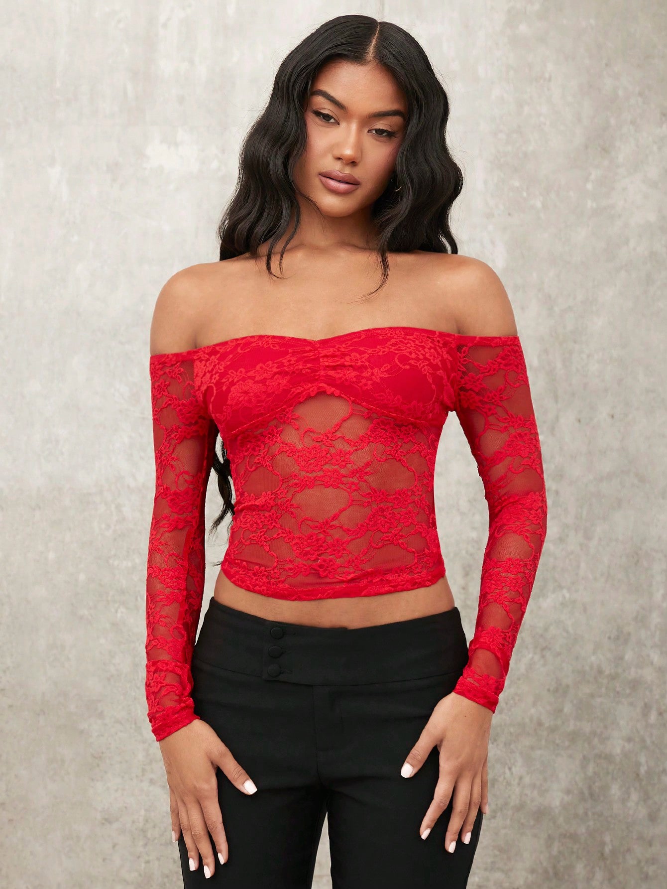 Romantic Date Sexy Long Sleeve Solid Color Lace See-Through Off-Shoulder Women's Top, Summer