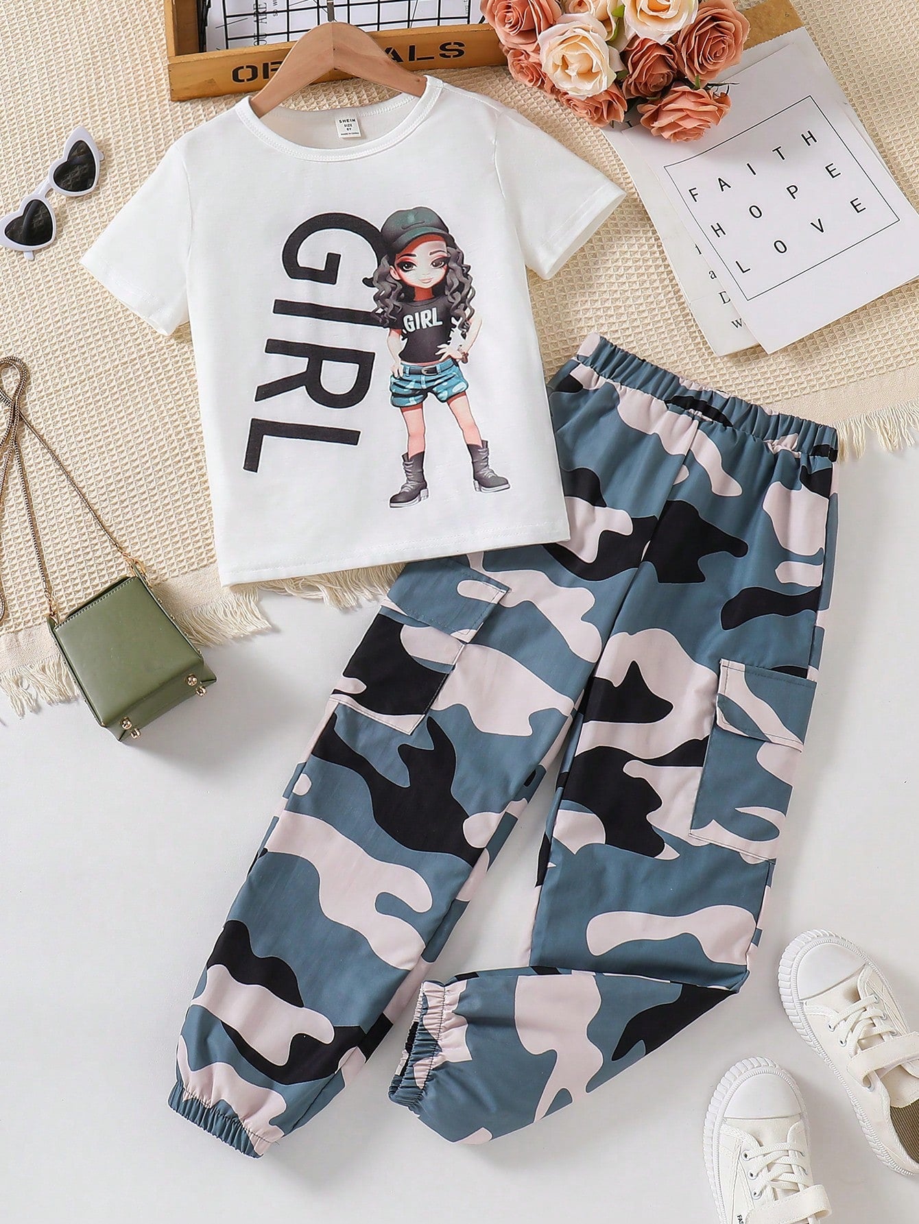 Tween Girl Cartoon Character & Letter Printed Top And Camouflage Printed Cargo Pants Set