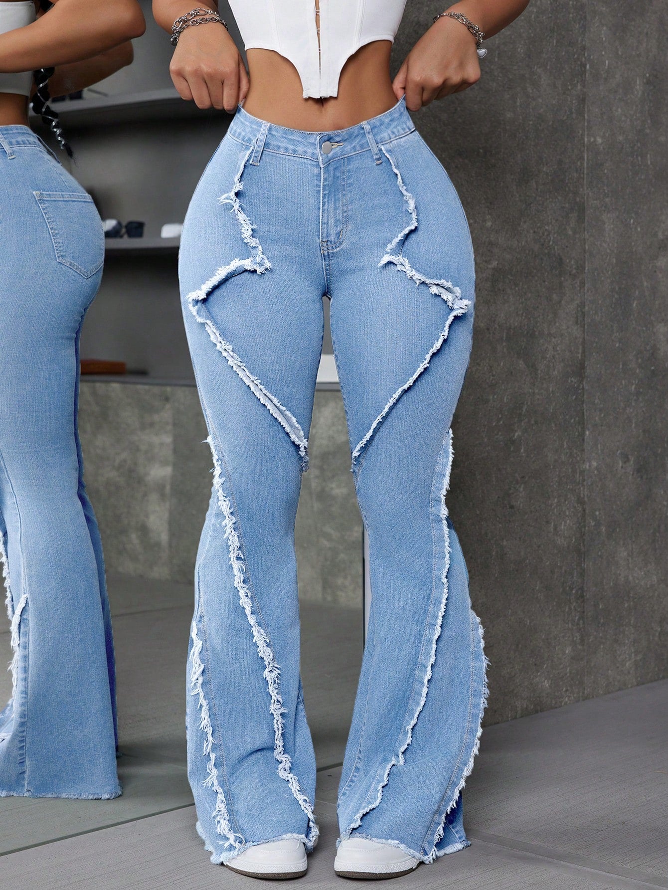 Women Fashion Mottled Washed Denim Patchwork Flared Jeans With Frayed Hem