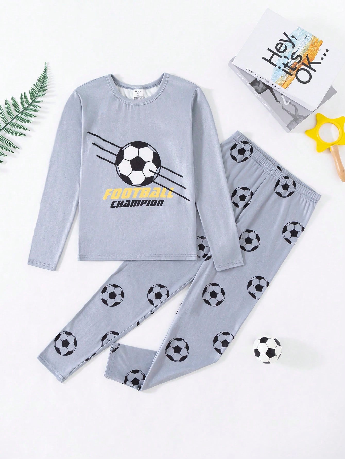 Tween Boy Snug Fit Football Printed Long Sleeve Top And Pants Knitted Cozy Leisure Homewear Pajama Set