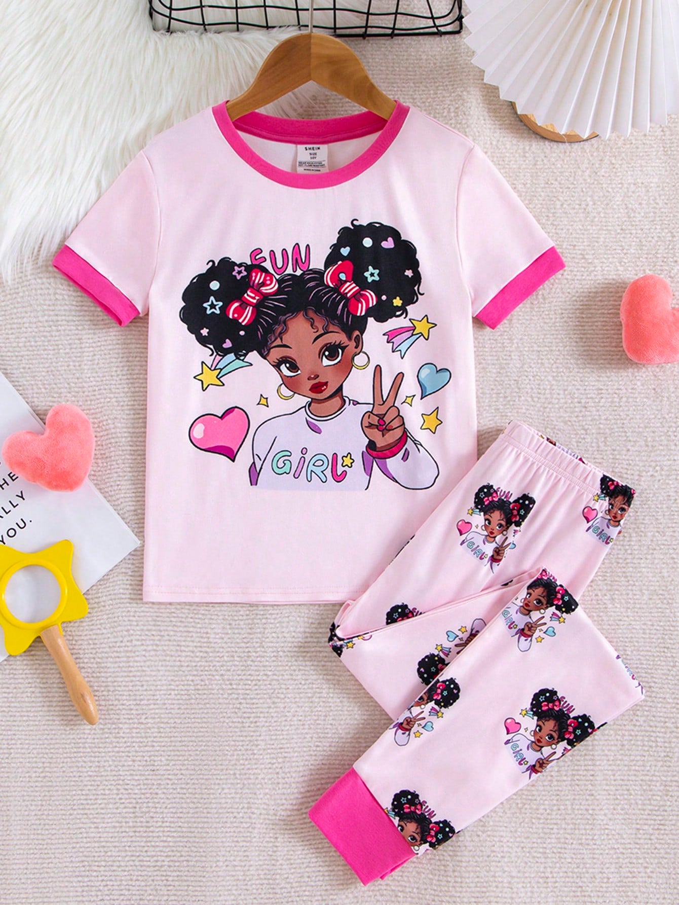 Tween Girl Snug Fit Cartoon Printed Short Sleeve Top And Long Pant, Cute & Breathable Knitted Home Pajama Set, 2pcs