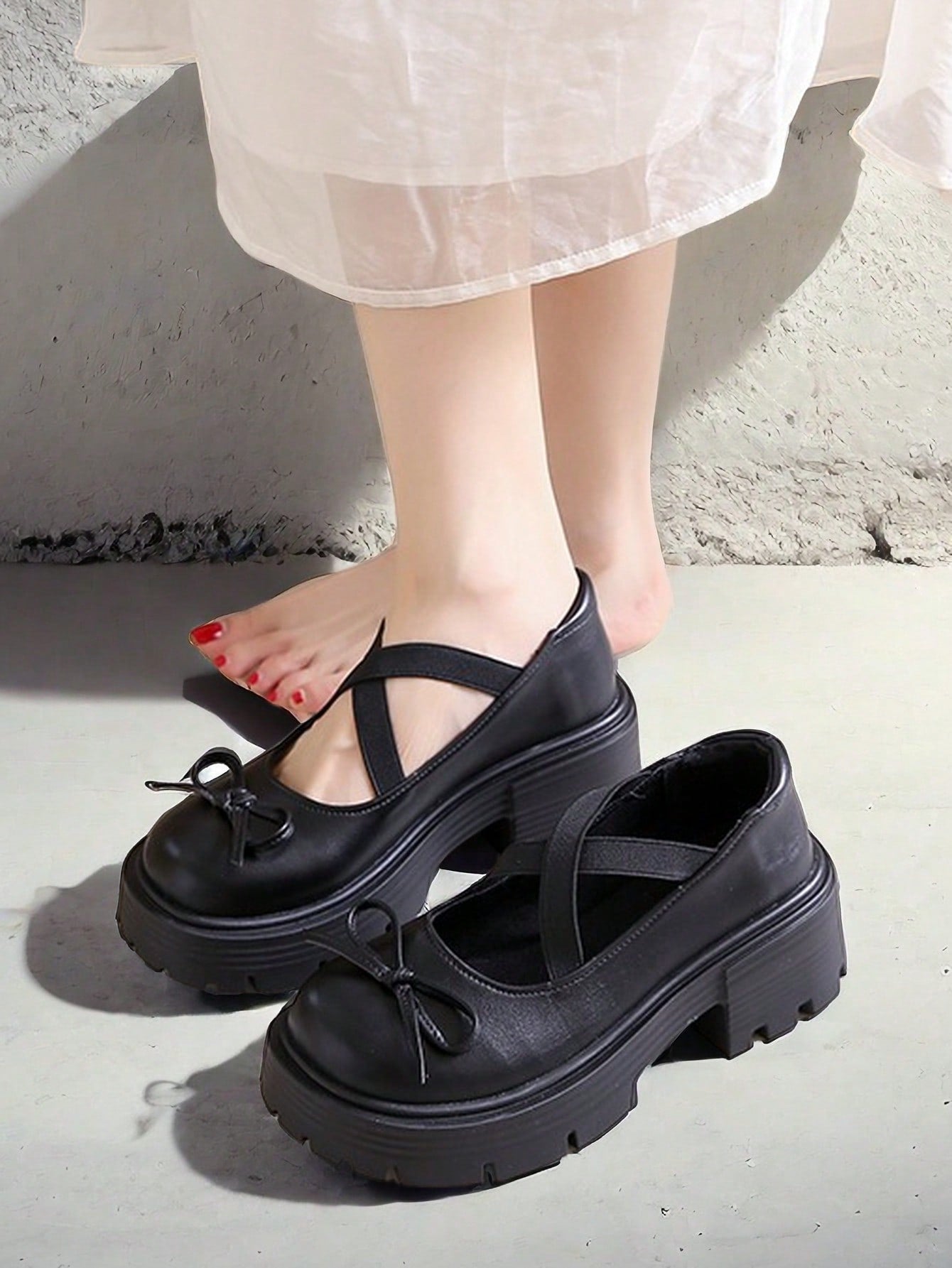 Women Black Minimalist Flatform Slip On Loafers, Punk Round Toe Middle Heel Wedges