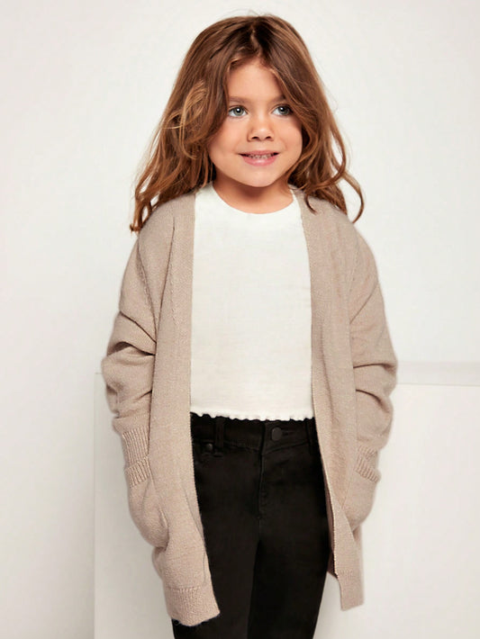 Young Girls' Spring/Autumn Casual Solid Color Cardigan With Double Pockets