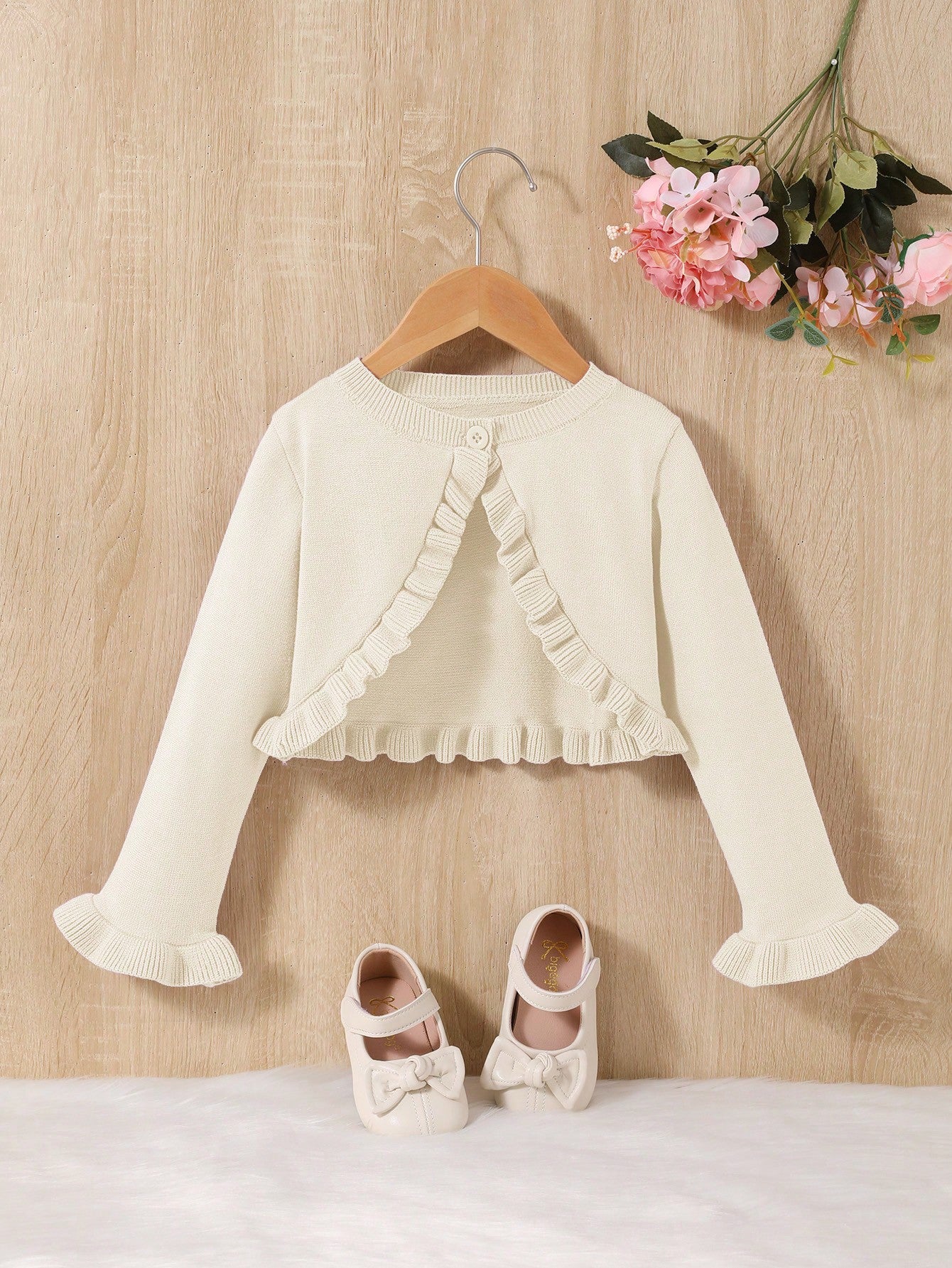 Little Girls' Elegant Slim-Fit Crop Cardigan Sweater With Button-Down Round Neck, Autumn/Winter