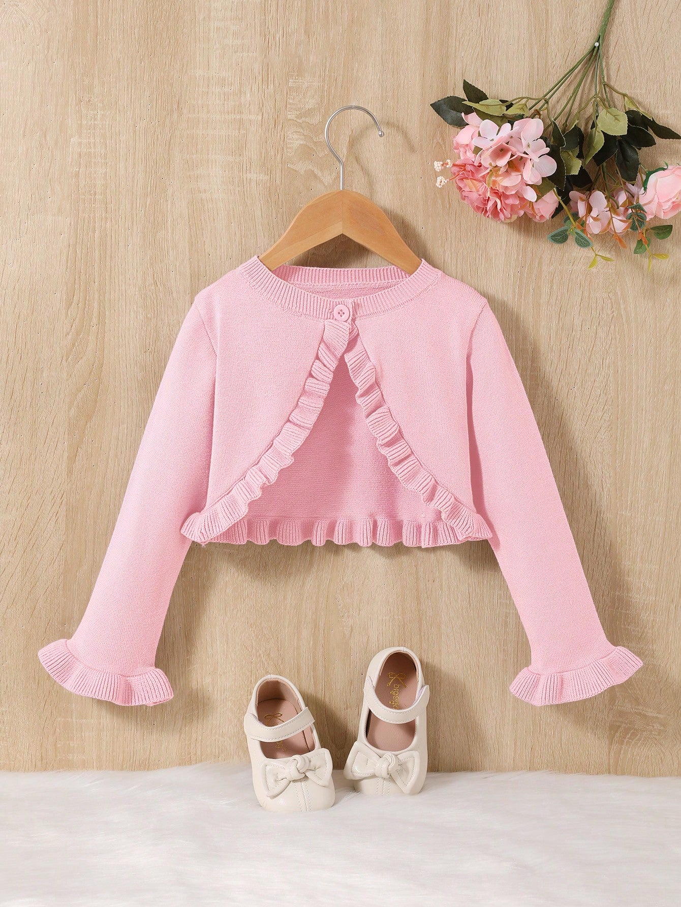 Little Girls' Elegant Slim-Fit Crop Cardigan Sweater With Button-Down Round Neck, Autumn/Winter