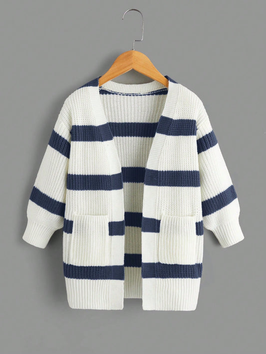 Young Girl Striped Pattern Drop Shoulder Duster Cardigan