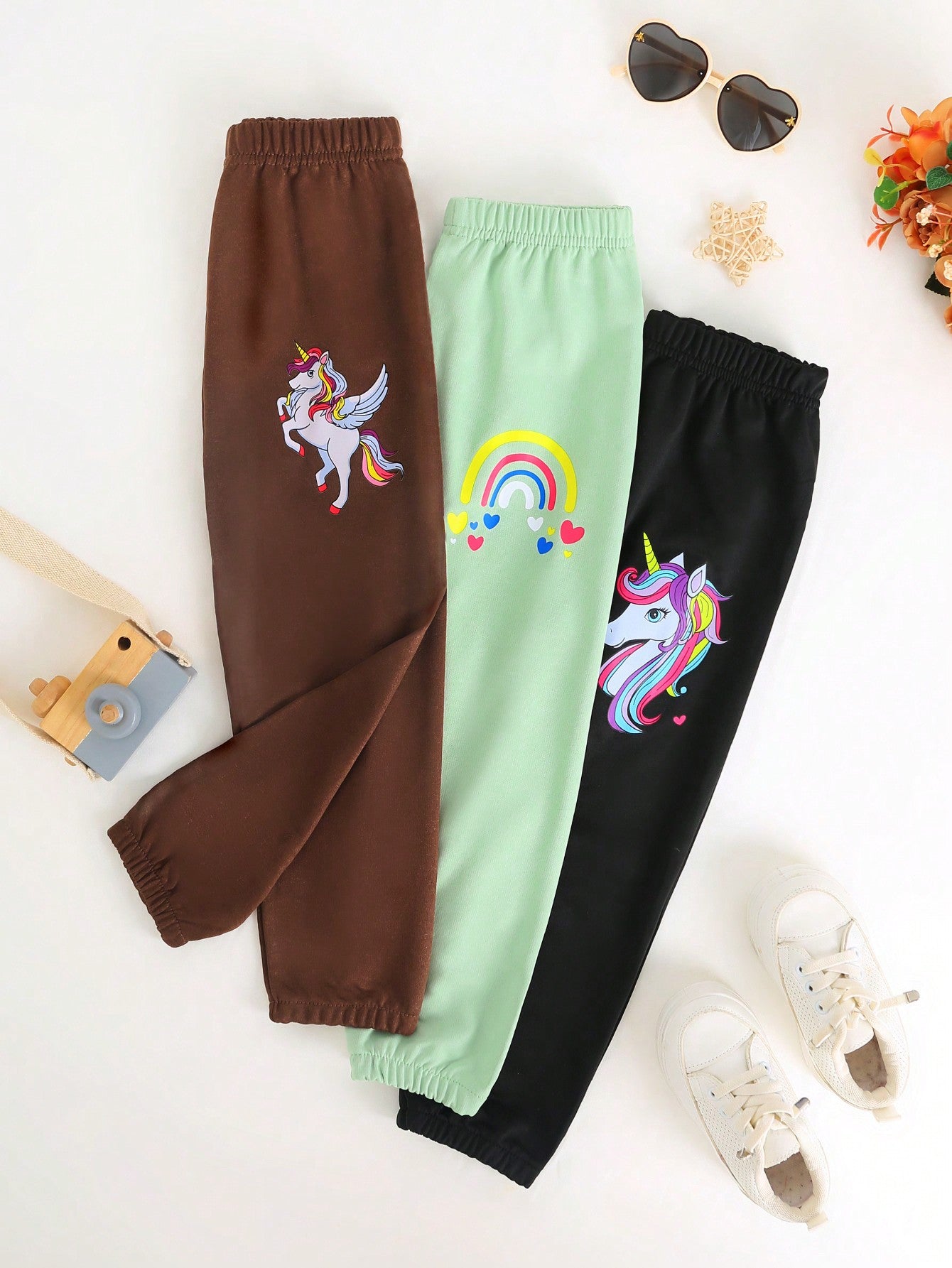 Young Girl 3pcs Casual Sporty Unicorn Print Jogger Pants With Elastic Waistband And Cuffs, Spring & Autumn