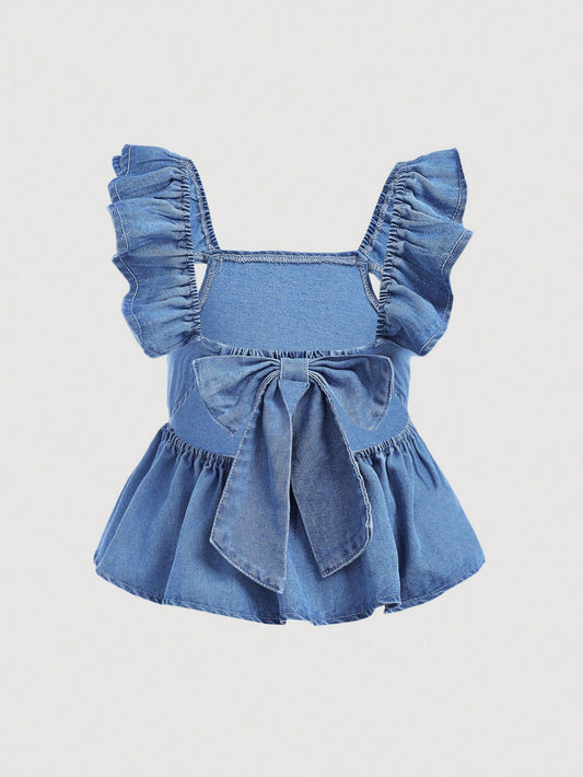 Tween Girl Daily Boho Trendy Casual Backless Big Bow Short Sleeve Cute Denim Blouse For Spring/Summer