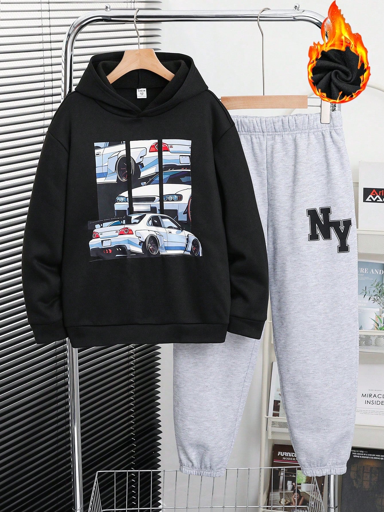 2pcs Tween Boys Extended Size Casual Hooded Sweatshirt With Car Prints And Letter Printed Knitted Pants Set, Suitable For Commuting, School, Daily Wear, Holiday And Sports, All Seasons