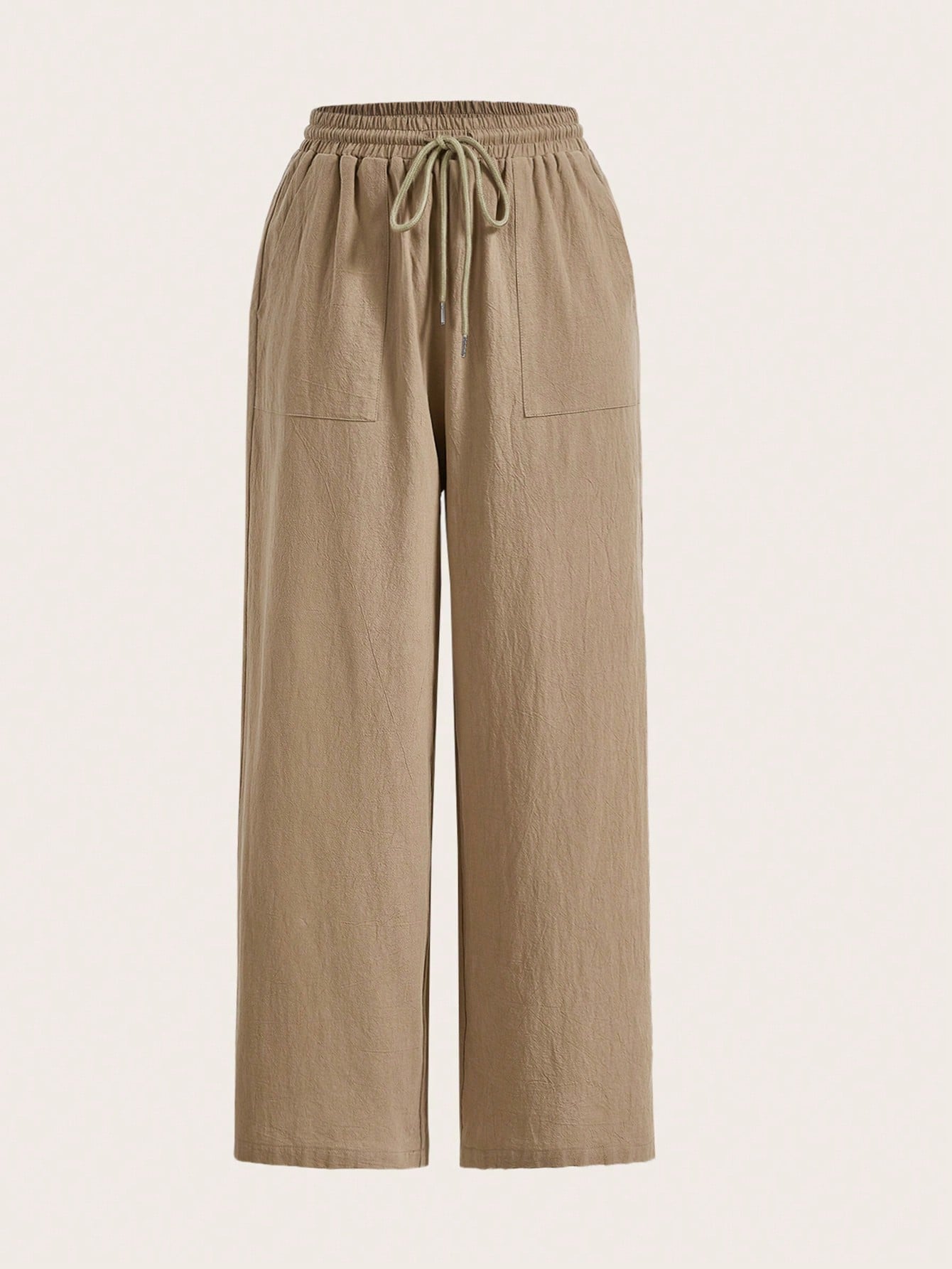 Women's Drawstring Waist Pockets Wide Leg Loose Beige Casual Woven Long Pants