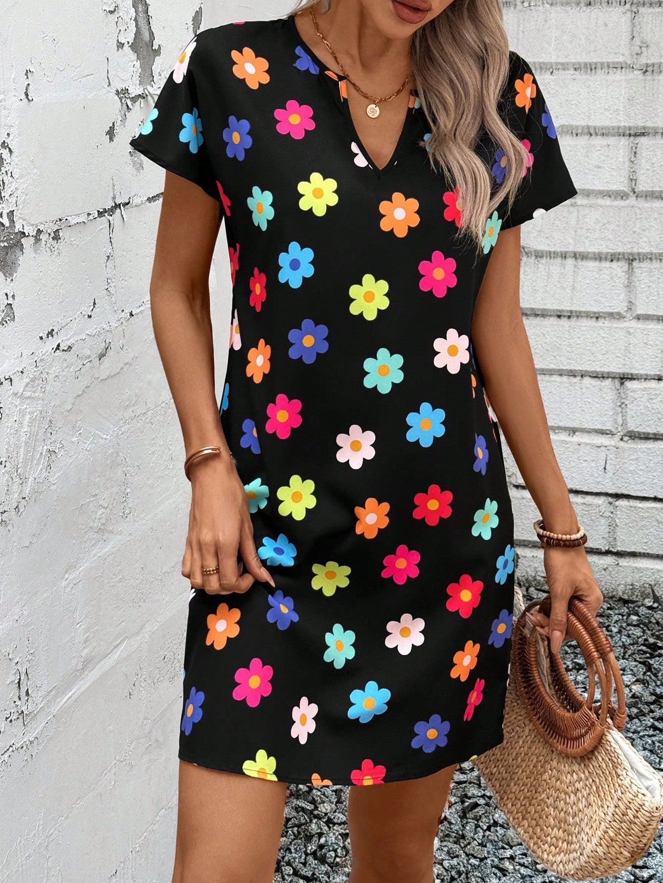 Plus Size Floral Notch V-Neck Batwing Sleeve Summer Dress