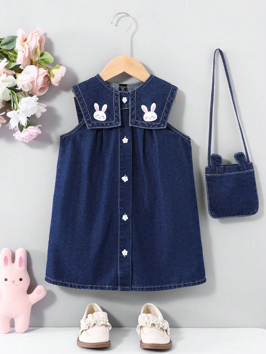 Young Girl Rabbit Pattern Blue Denim Sleeveless Dress With Bunny Ear Crossbody Bag,Kids Summer Back-To-School  Cute Outfits