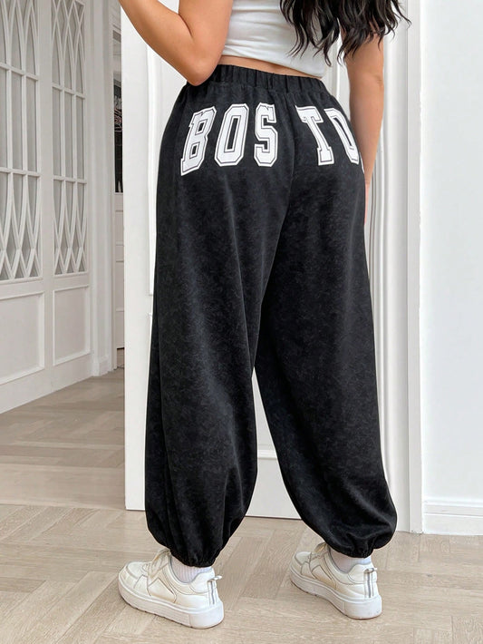 Plus Size Women's Vintage Streetwear Boston Letter Print Elastic Waist Sweatpants With Distressed, Acid Washed Effect For Summer/Fall Back To School Season