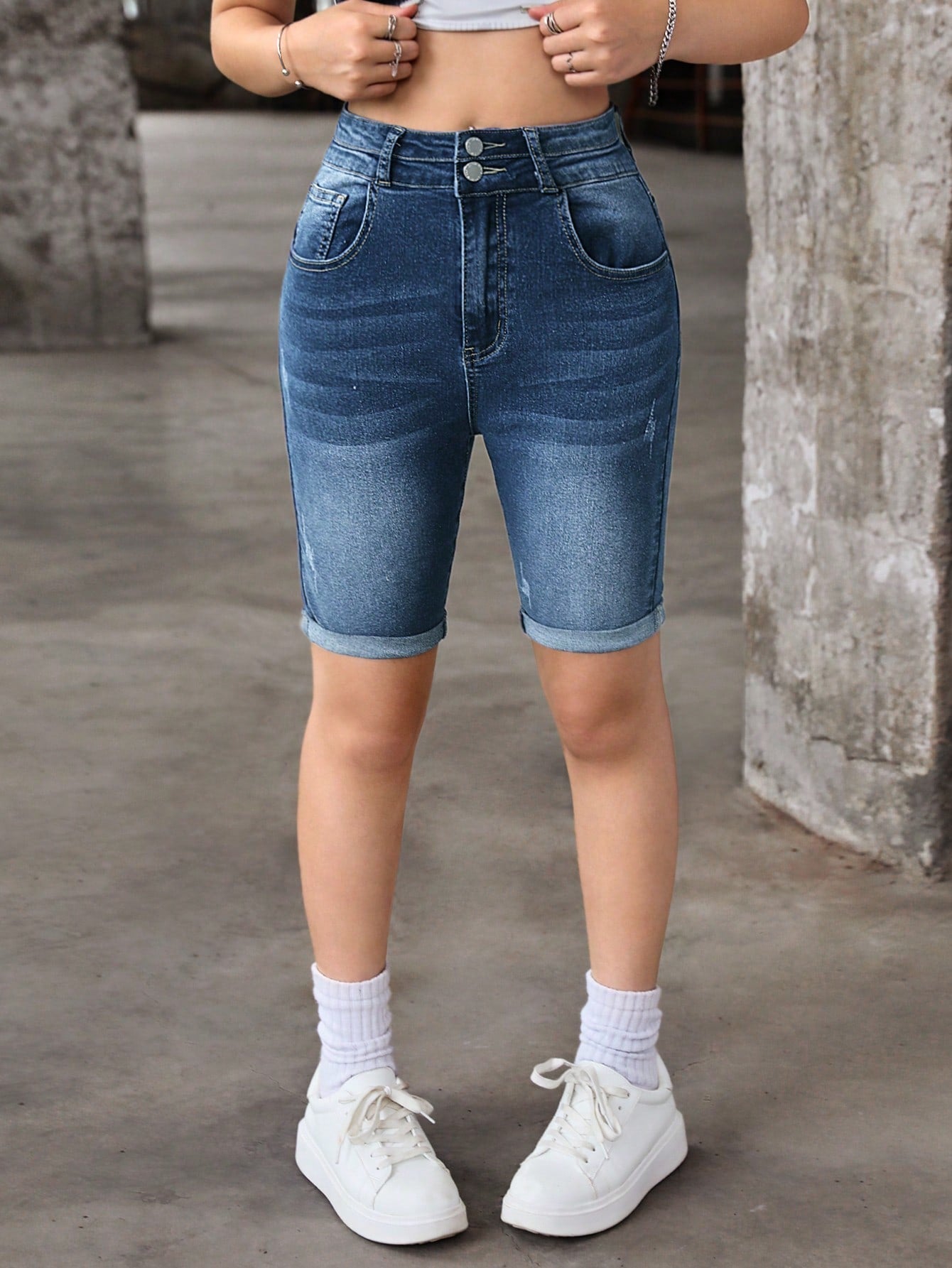 Teen Girls High Waist Bermuda Denim Shorts