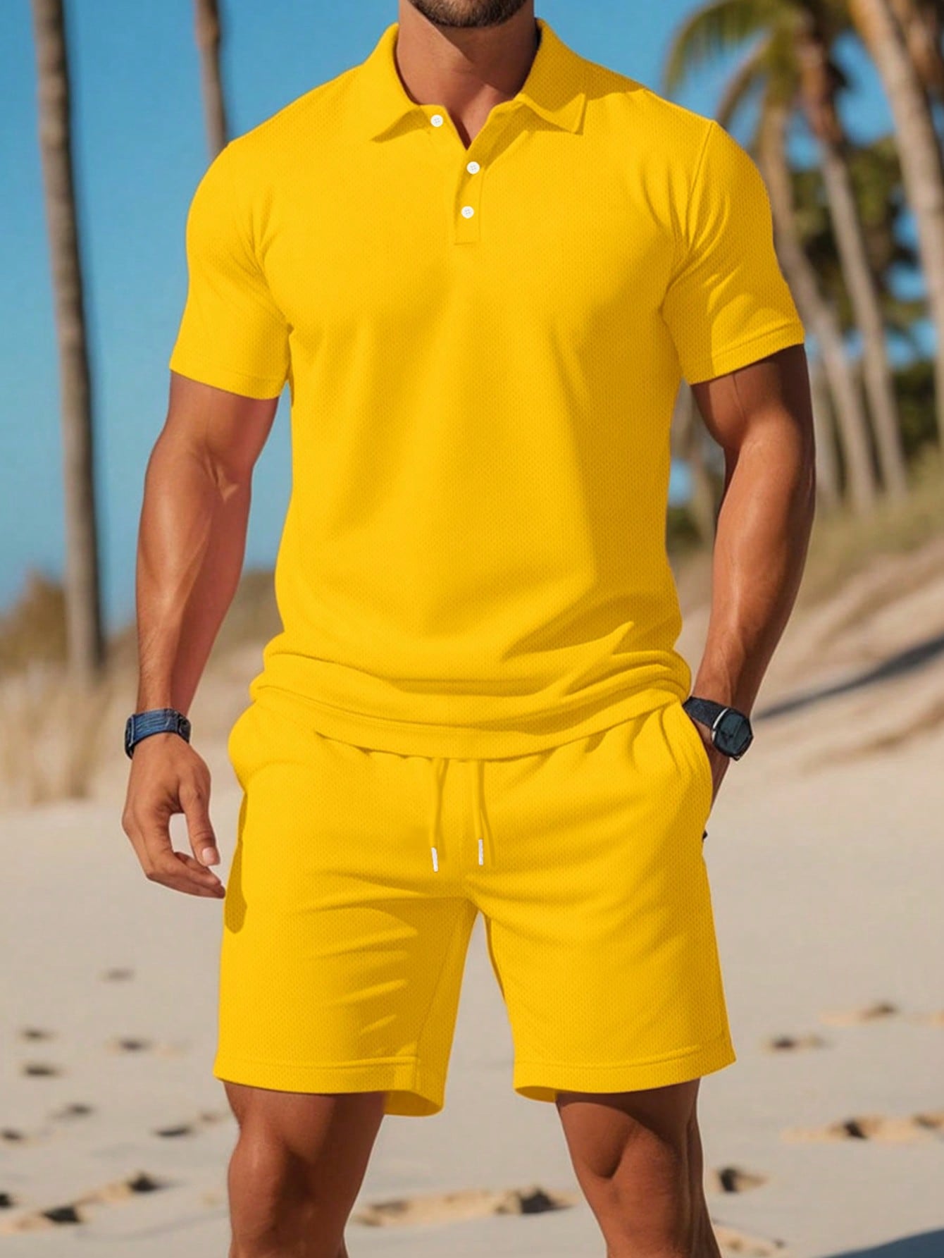 Men Summer Solid Color Casual Polo Shirt And Drawstring Waist Shorts Set